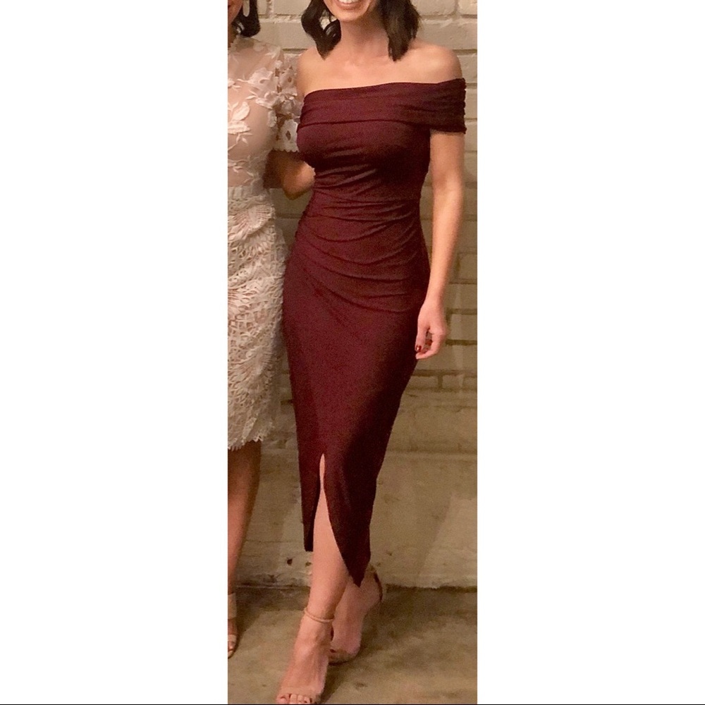Off the Shoulder Asymmetrical Midi Dress